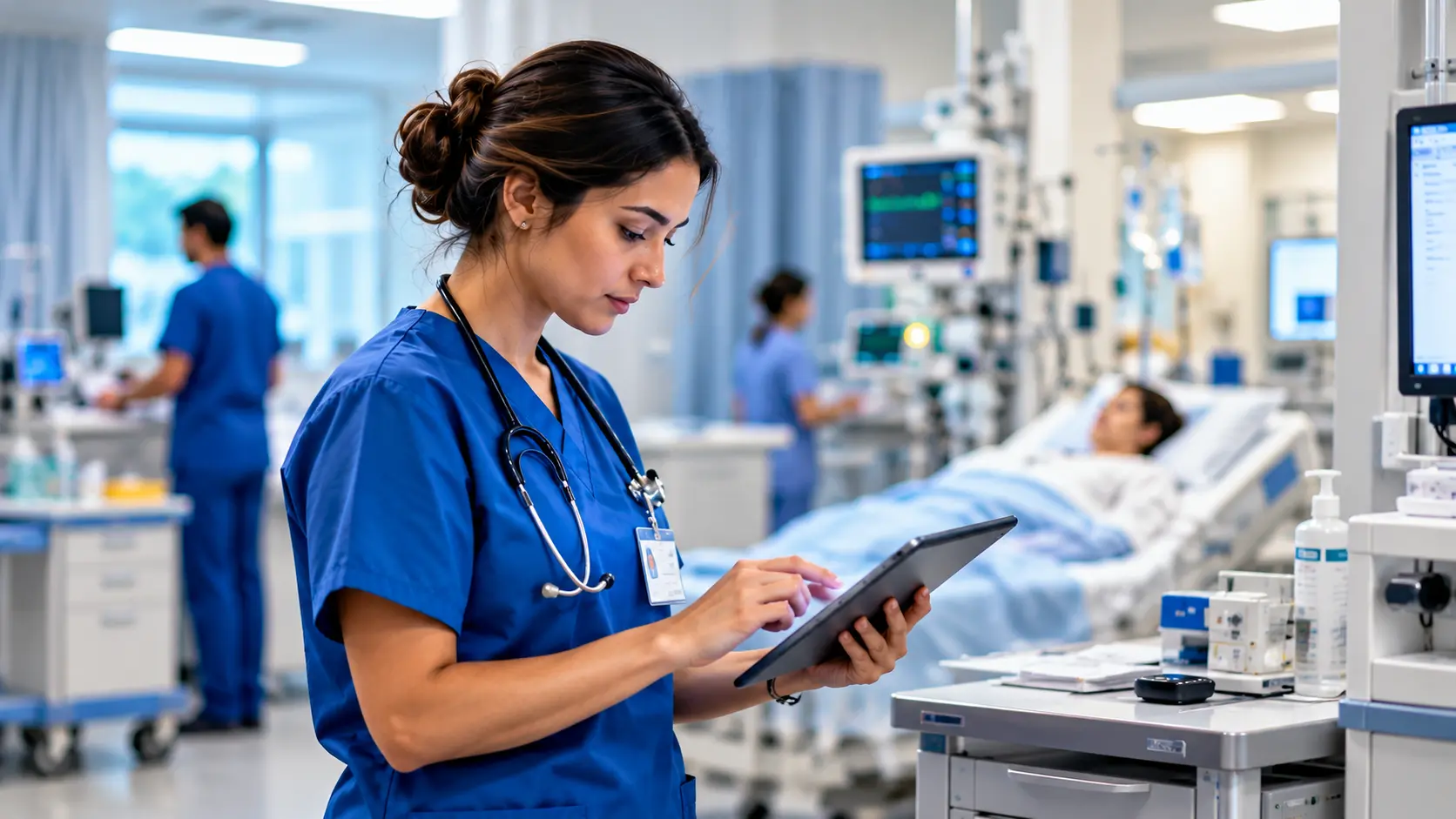 Healthcare professional using a tablet in a hospital ward, illustrating digital workspace access to clinical applications